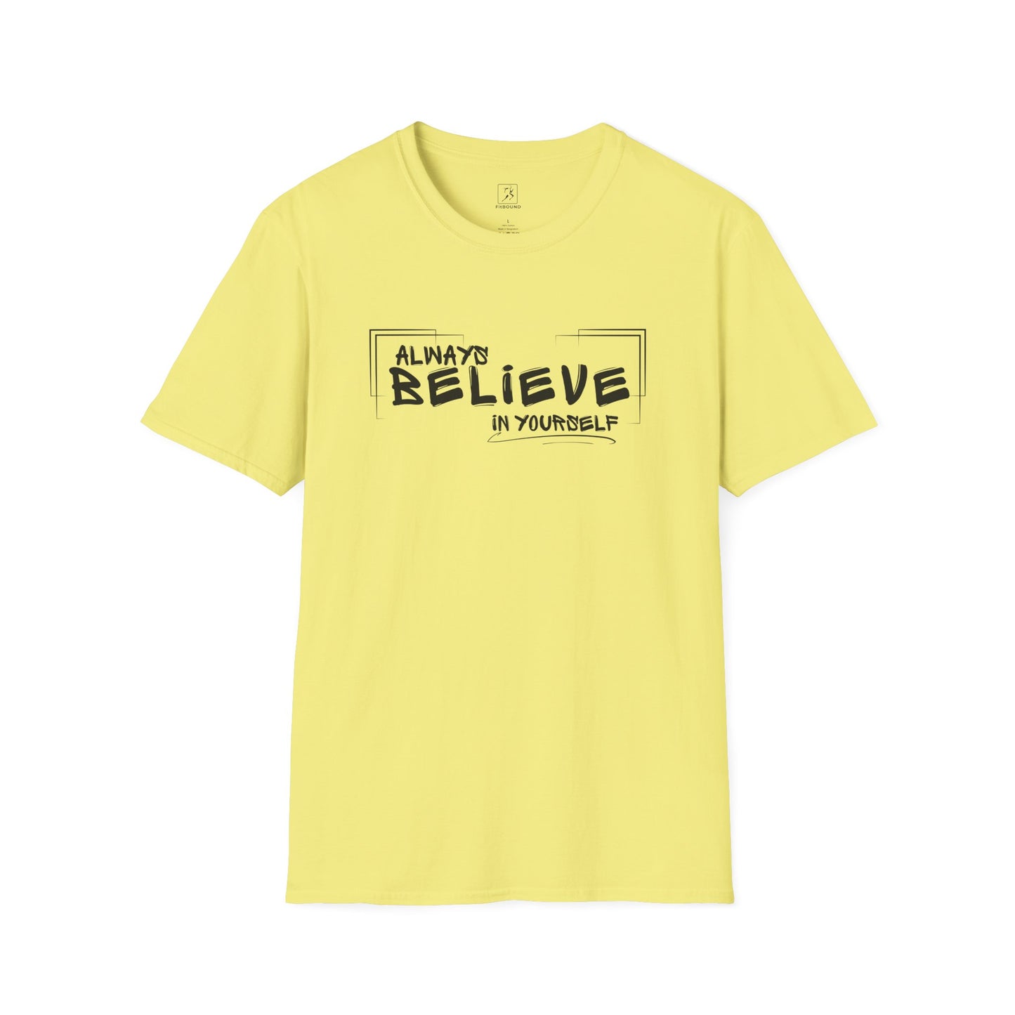 Yellow “Always Believe In Yourself” T-shirt – flat lay, front view