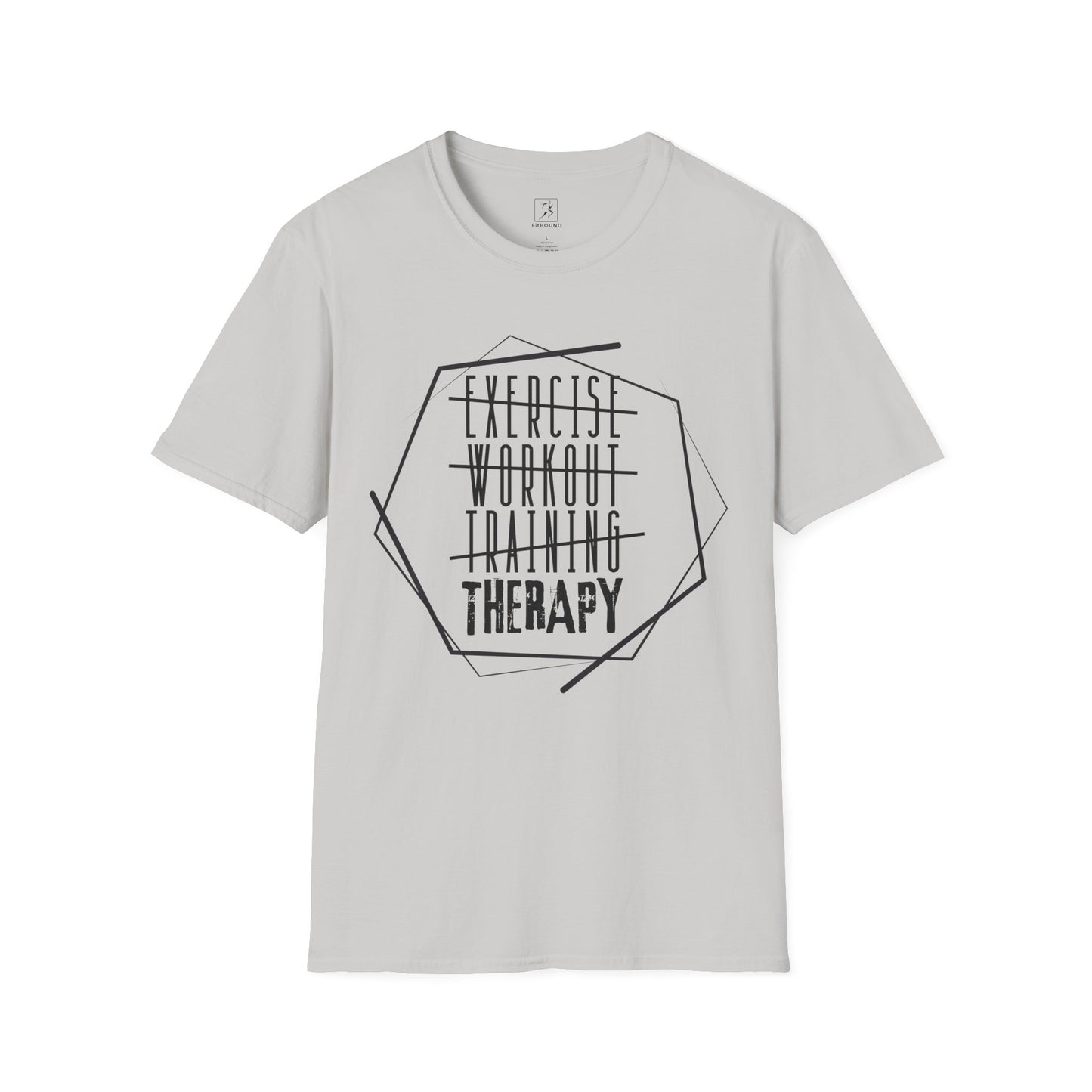 Gray “Exercise Therapy” t-shirt – bold graphic design for gym and training