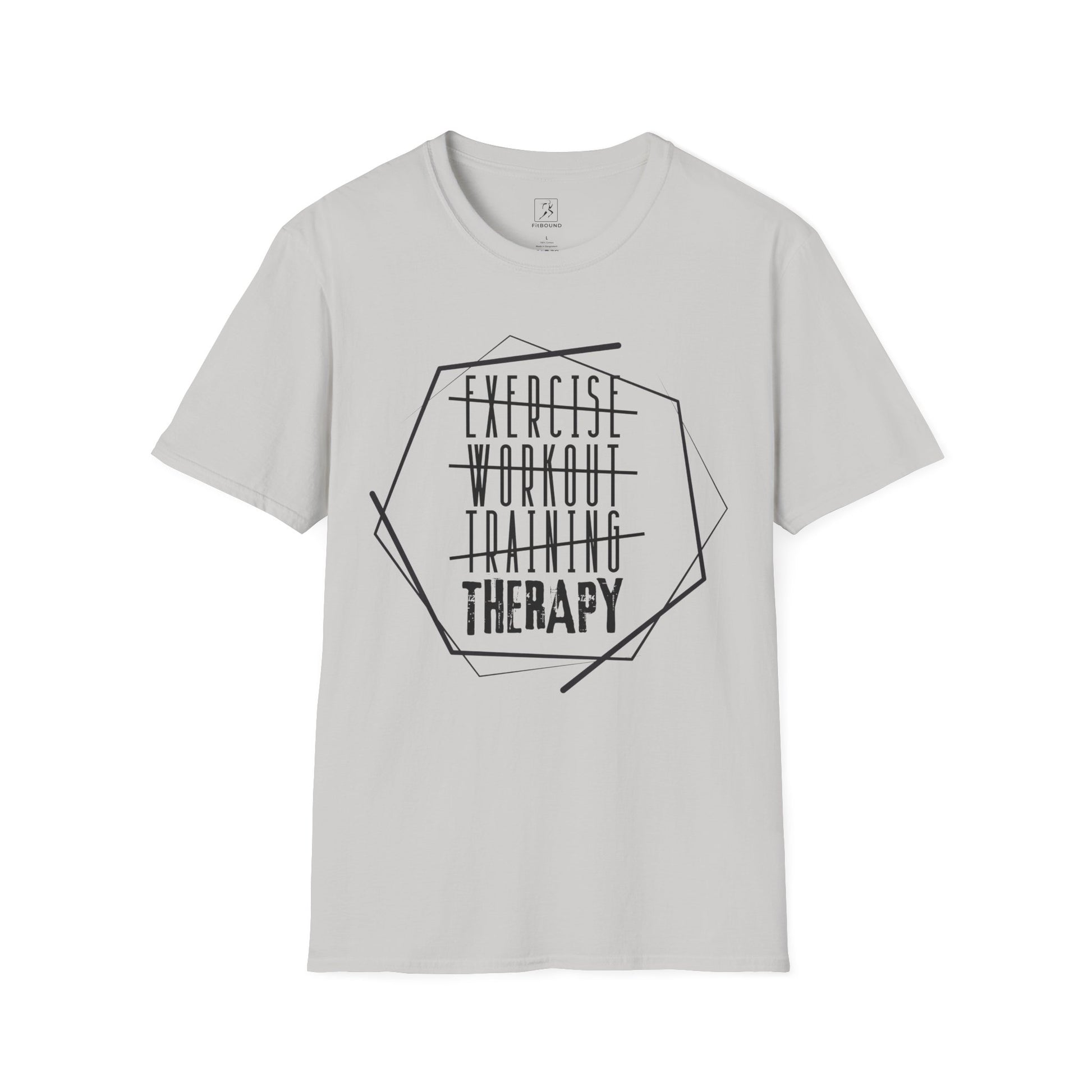 Gray “Exercise Therapy” t-shirt – bold graphic design for gym and training