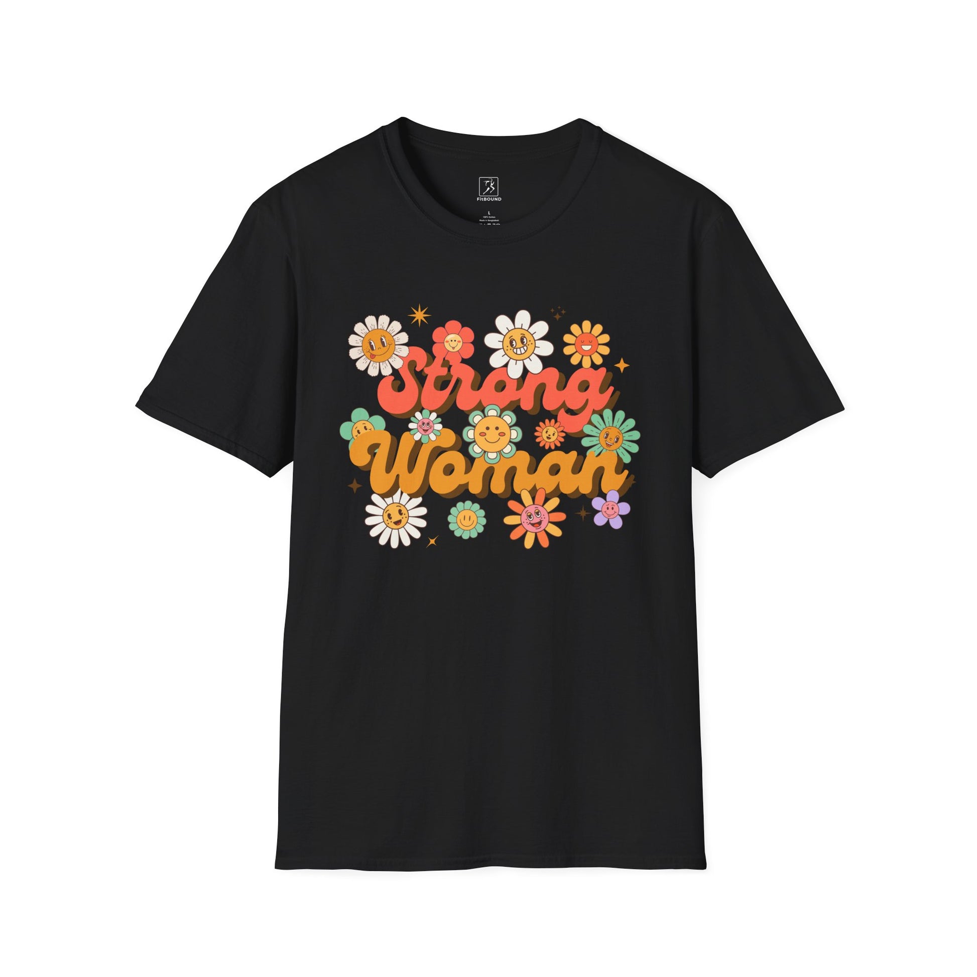 Black Strong Woman T-shirt – retro floral empowerment shirt for confident women