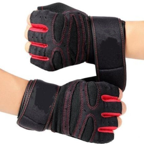 Folded pair of black gym gloves with red stitching – half finger design with reinforced wrist support