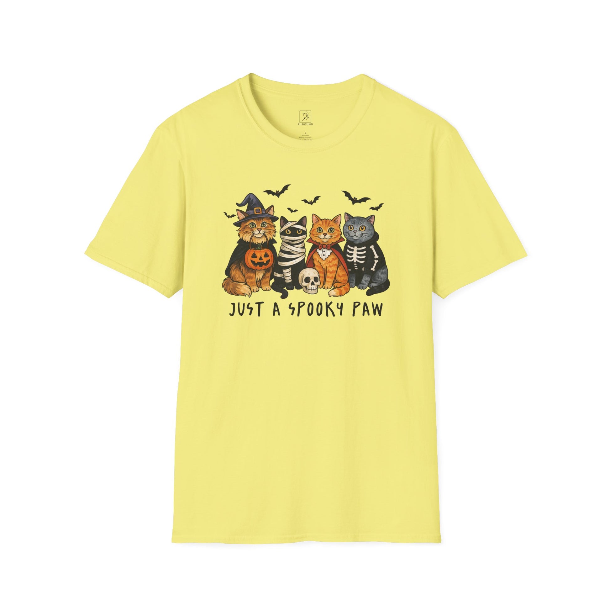 Yellow Just a Spooky Paw cat Halloween graphic tee