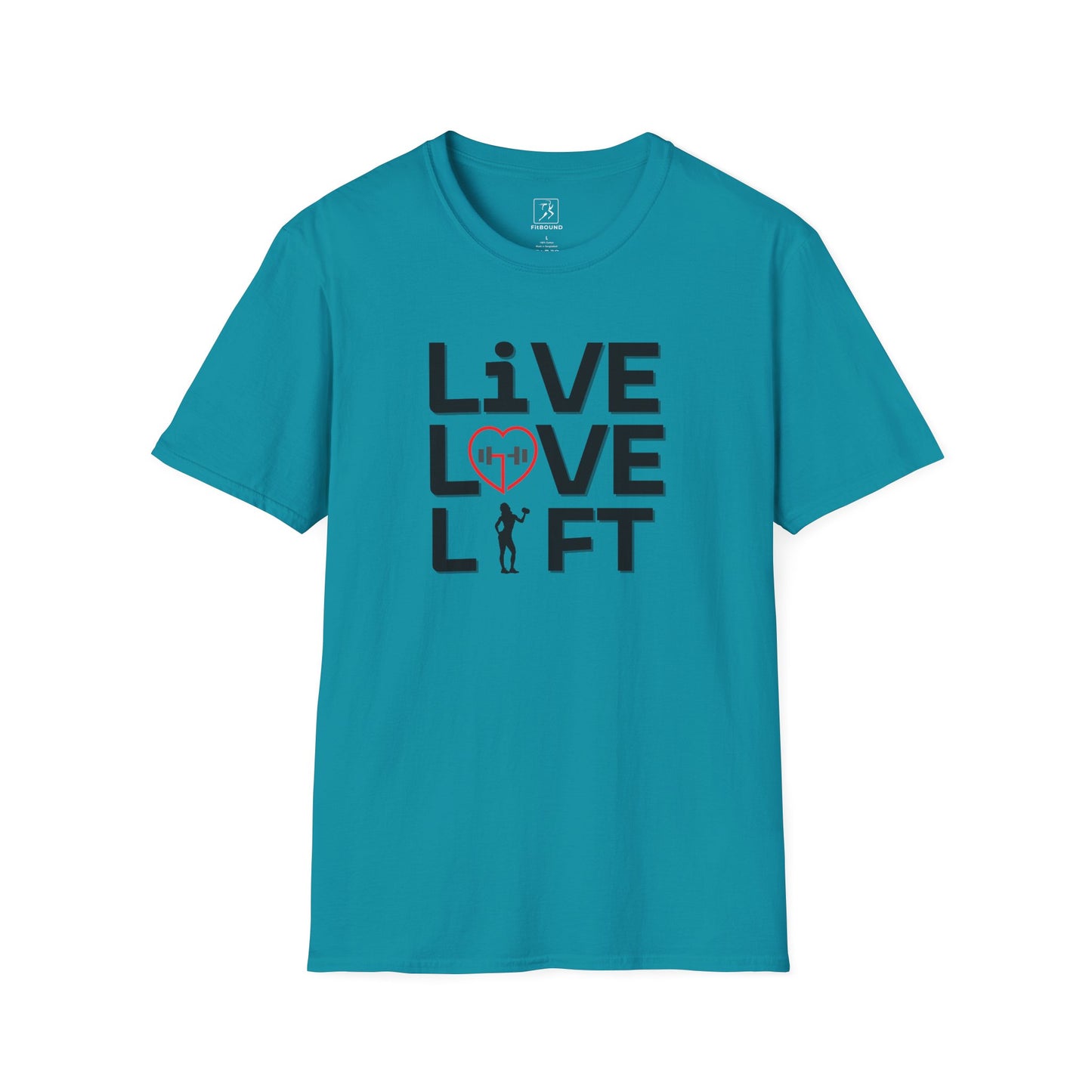 Turquoise fitness t-shirt with black "Live Love Lift" text – activewear for lifters and gym fans
