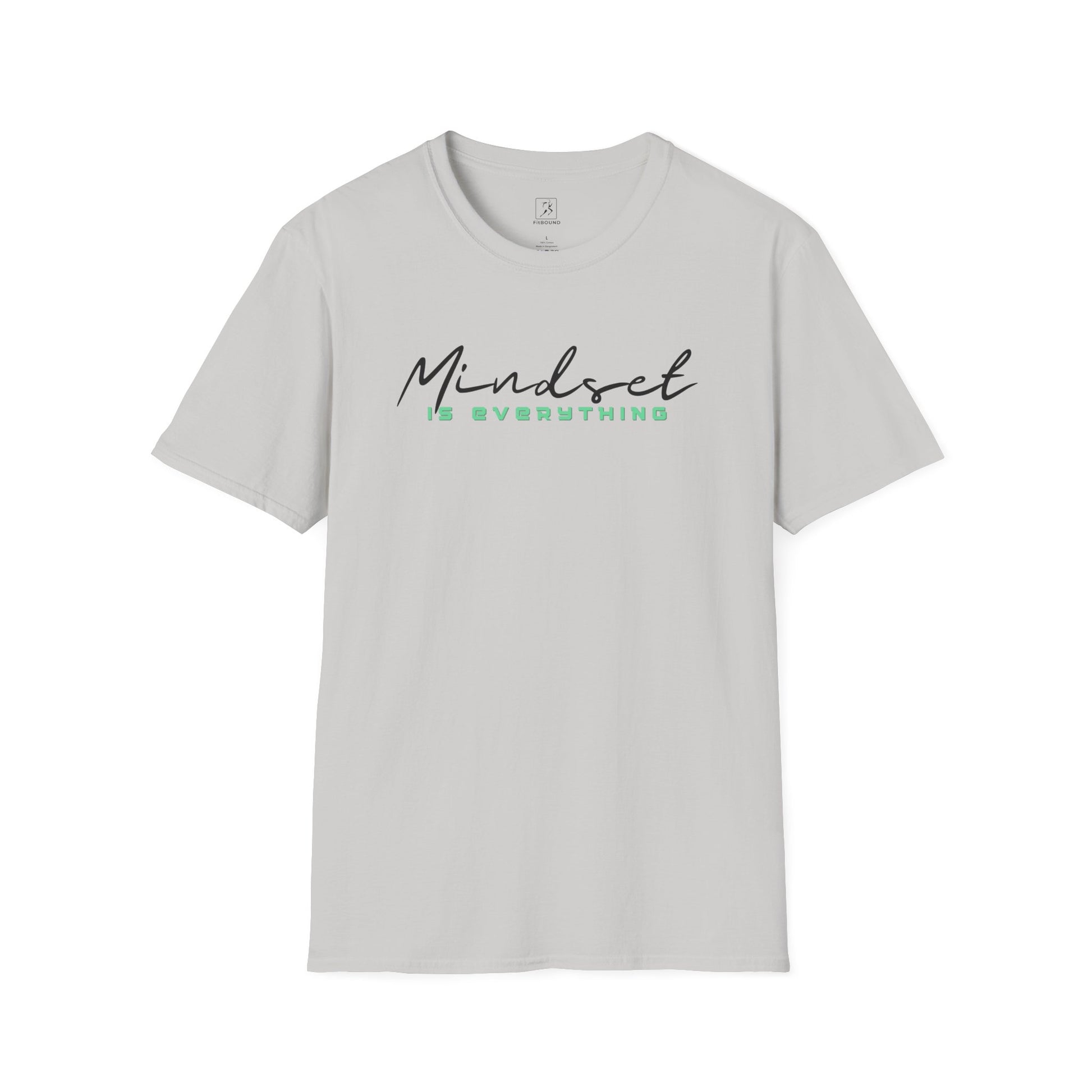 Flat lay gray Mindset Is Everything T-Shirt – motivational workout tee.