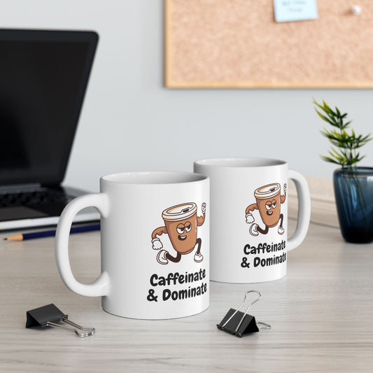 Mockup with two white ceramic mugs on desk with gym coffee design “Caffeinate & Dominate”