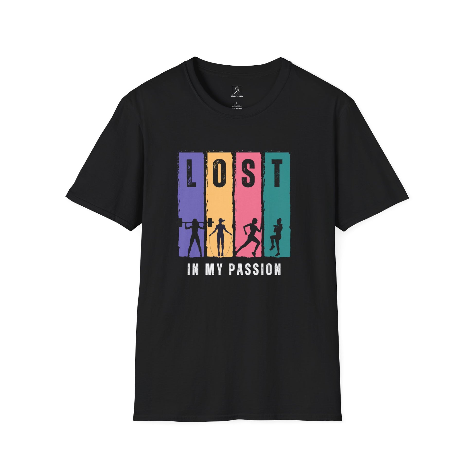Black Lost in My Passion t-shirt, colorful athletic design for gym and casual wear