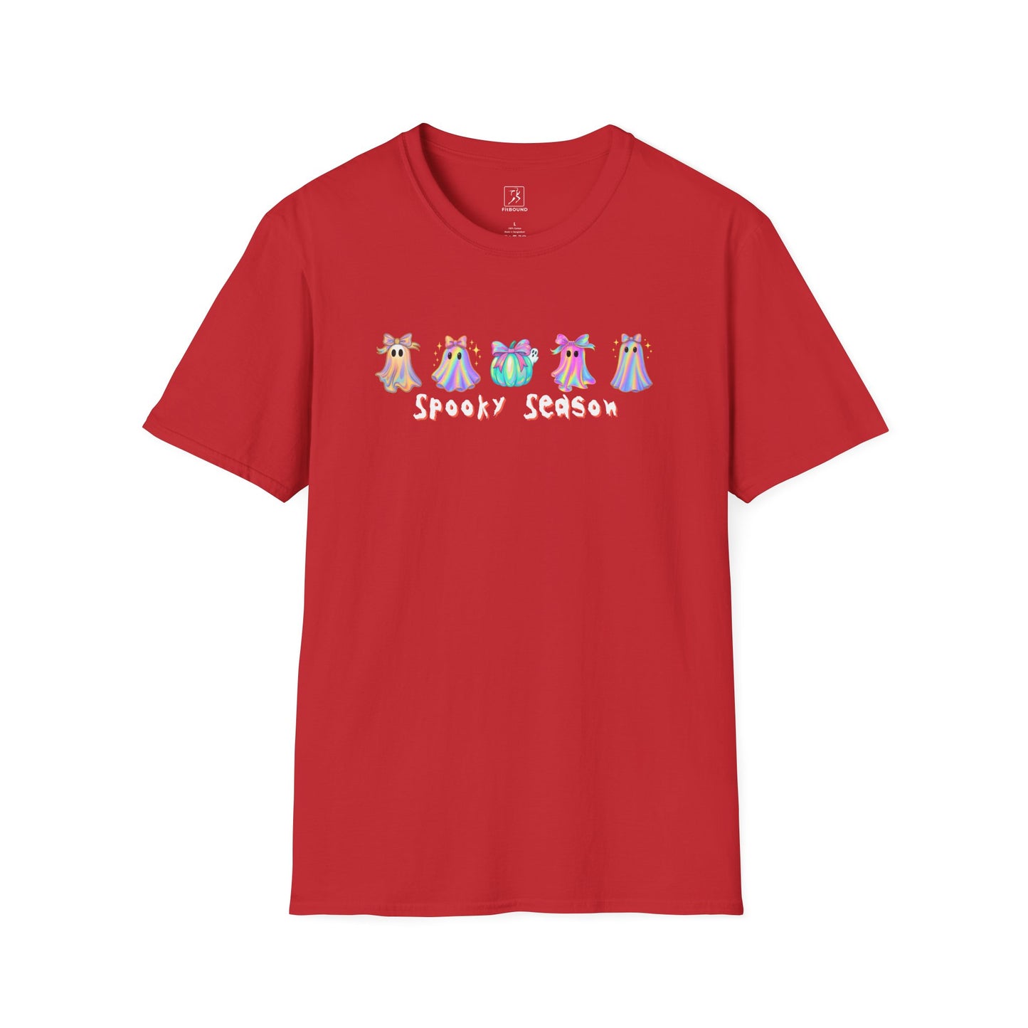 Spooky Season Halloween T-Shirt in red — colorful ghost graphic, unisex tee.