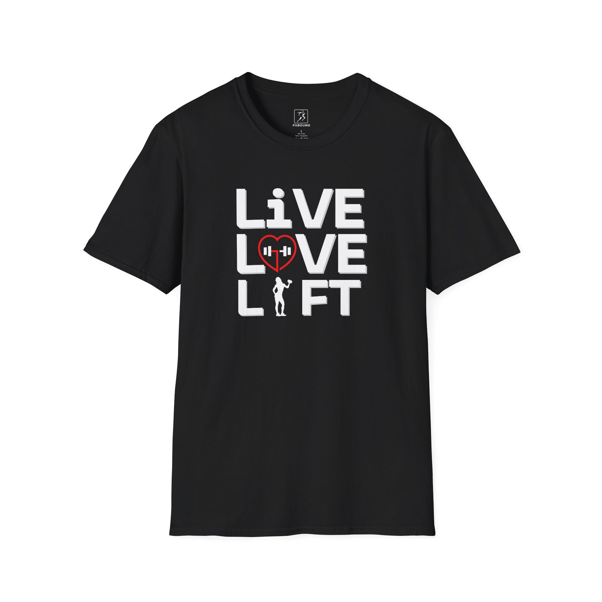 Black workout shirt with bold "Live Love Lift" design – unisex cotton blend tee for gym lovers