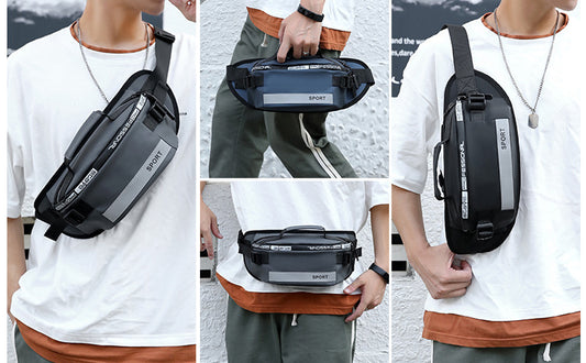 Man wearing reflective running waist bag crossbody – waterproof fanny pack ideal for jogging and travel