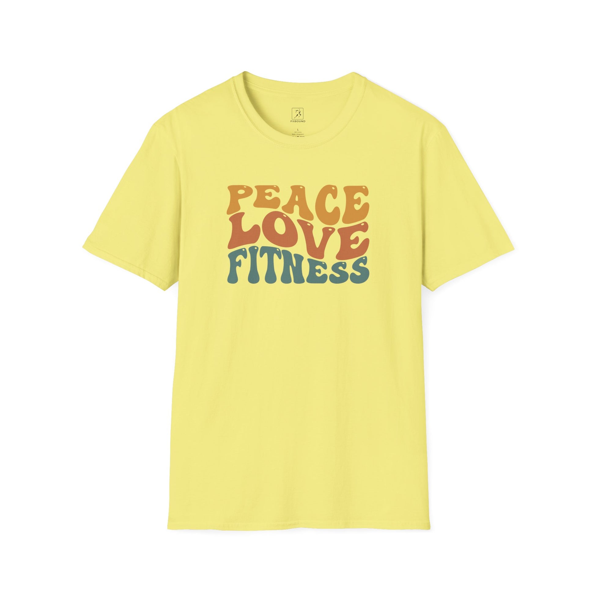 Yellow Peace Love Fitness T-Shirt – motivational workout apparel.