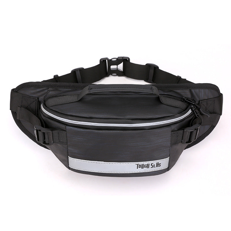 Front view of black reflective fanny pack labeled "SPORT" – water-resistant running belt with modern design
