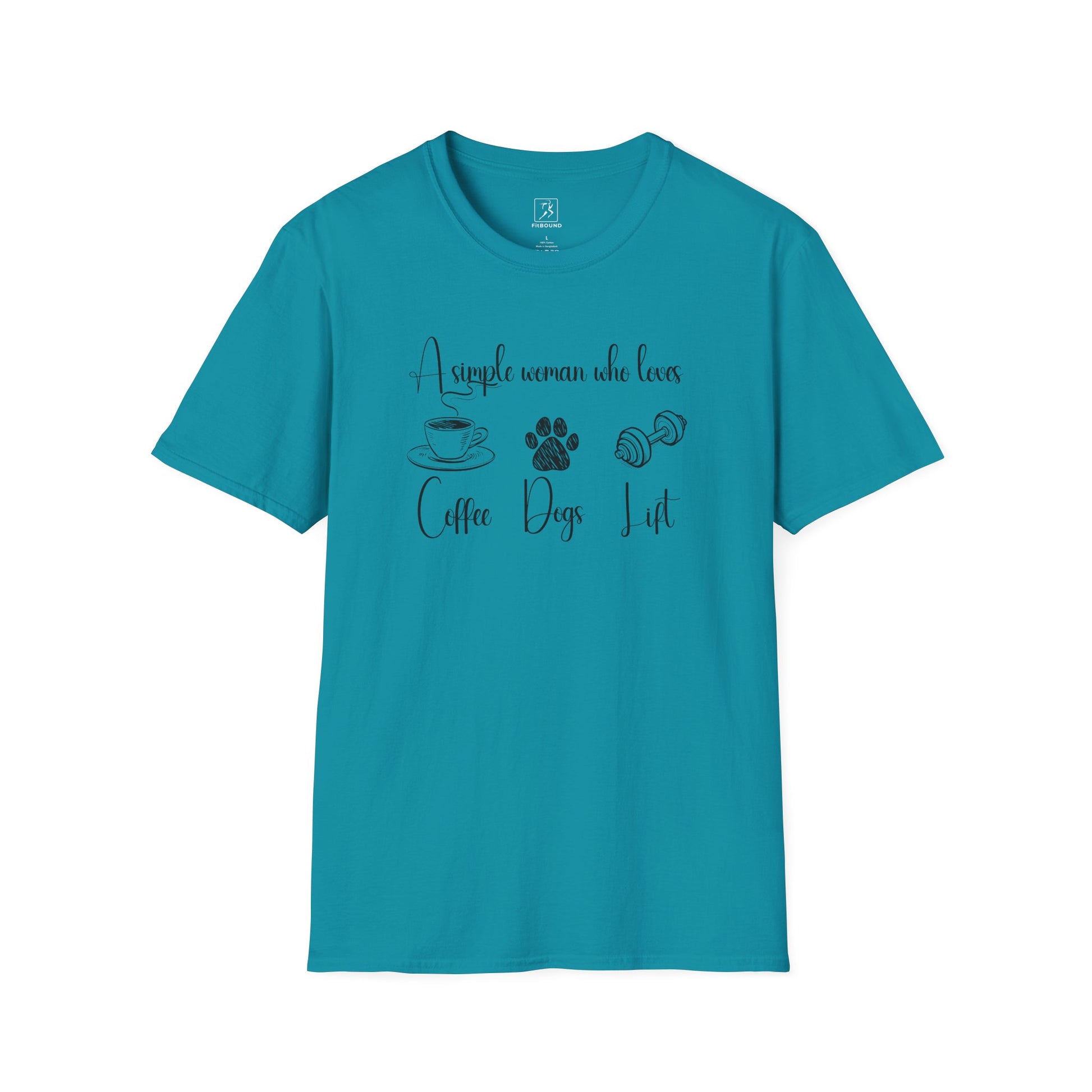 Teal “A simple woman who loves coffee, dogs, lift” t-shirt – funny and motivational gym shirt