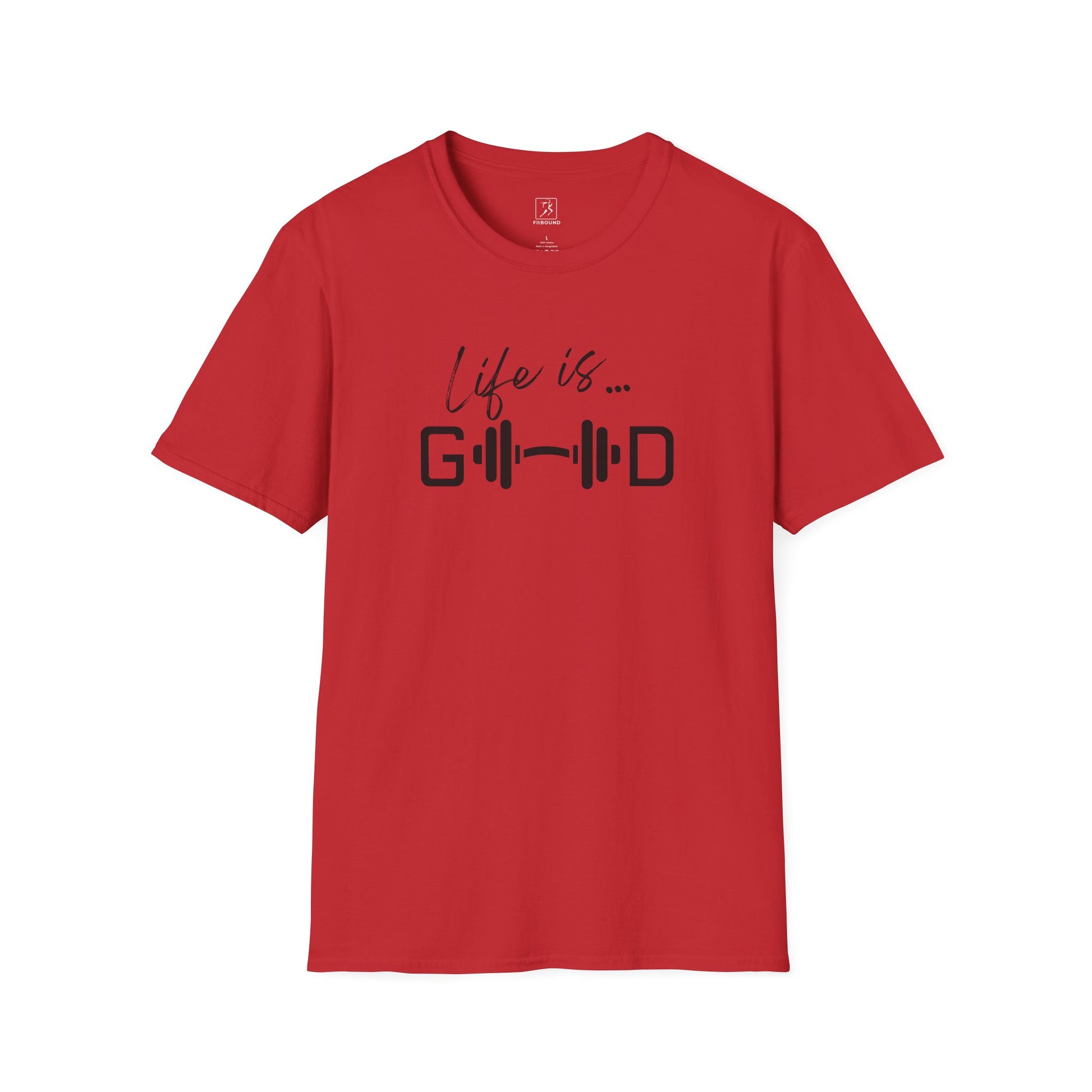 Red motivational gym t-shirt with barbell design and phrase “Life is Good.”