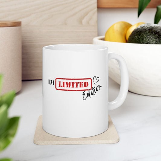 Ceramic “I’m Limited Edition” mug on kitchen counter – confident gift for coffee lovers