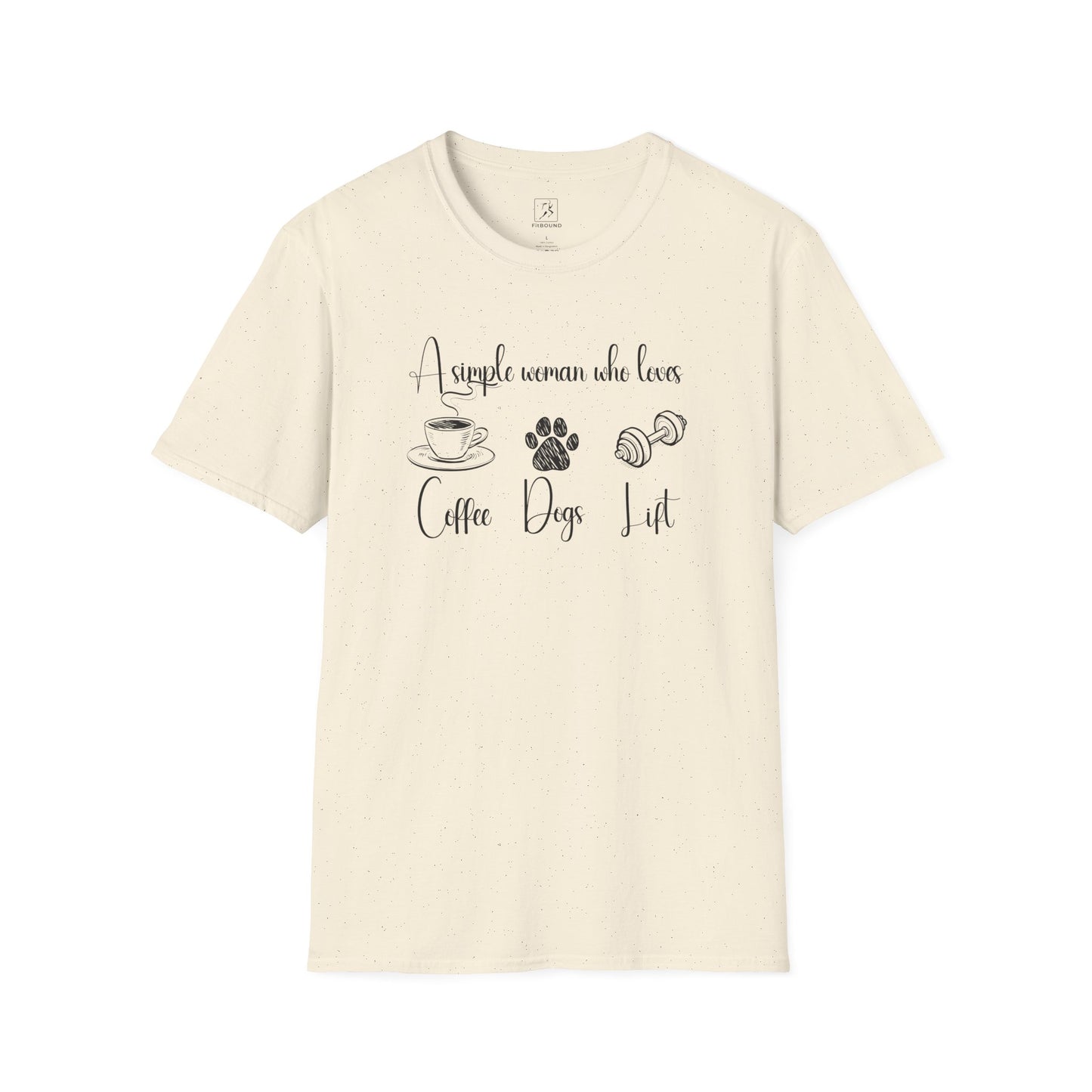 Cream colored t-shirt with bold “coffee, dogs, lift” message – soft tee for fitness enthusiasts and pet lovers