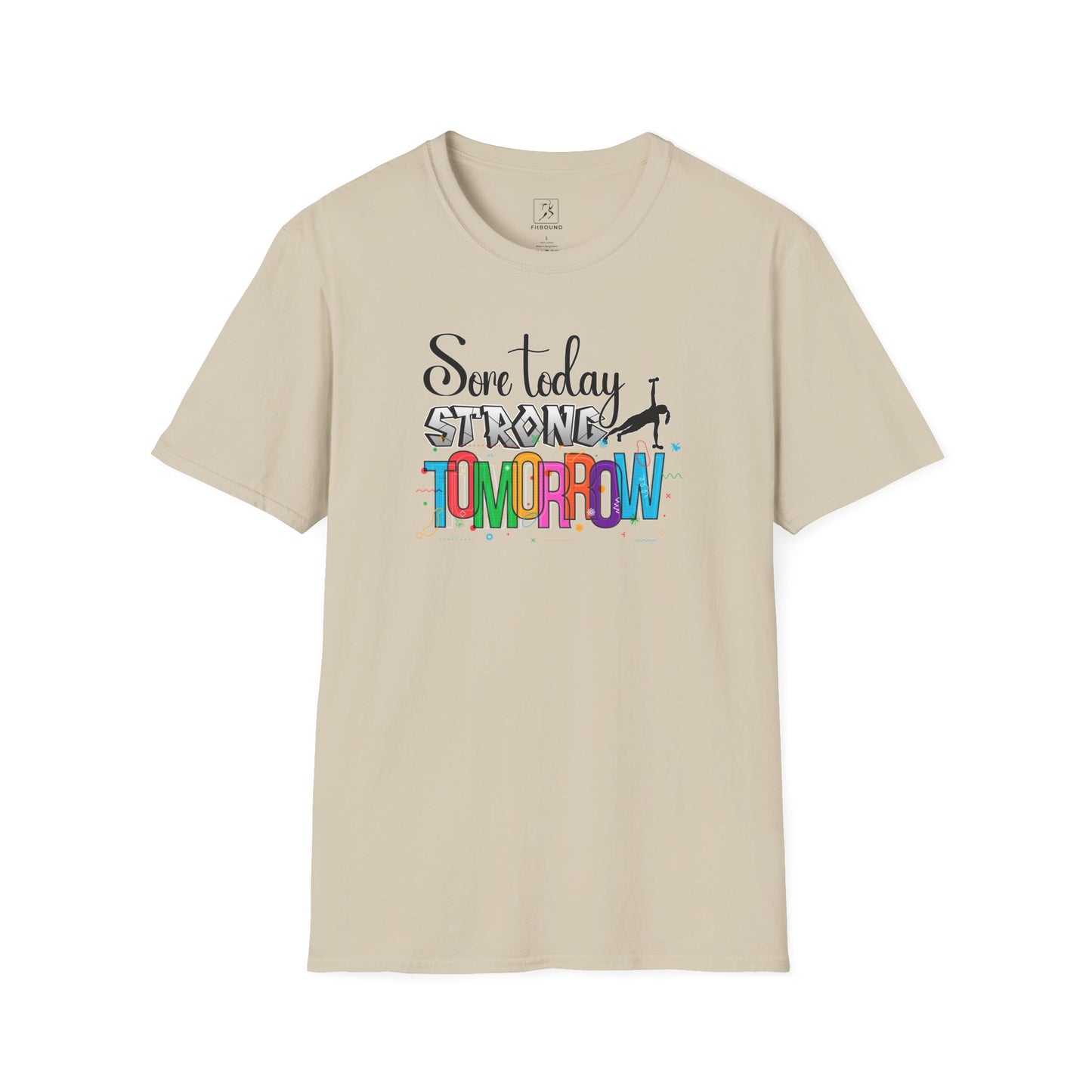 Cream-colored fitness shirt with "Sore Today Strong Tomorrow" text – fitted cut for women’s training apparel