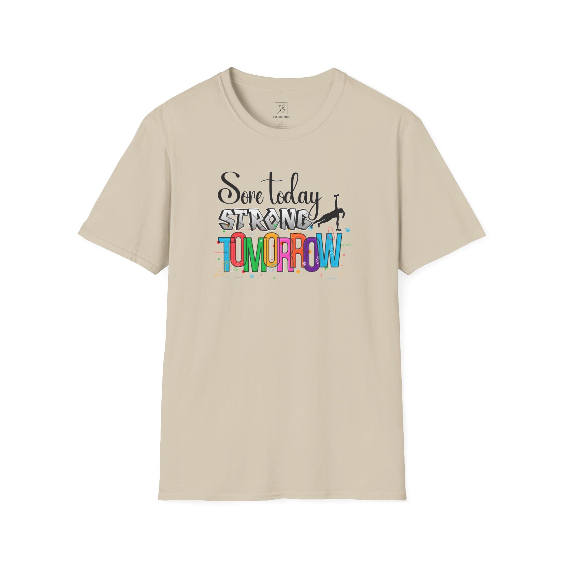 Cream-colored fitness shirt with "Sore Today Strong Tomorrow" text – fitted cut for women’s training apparel