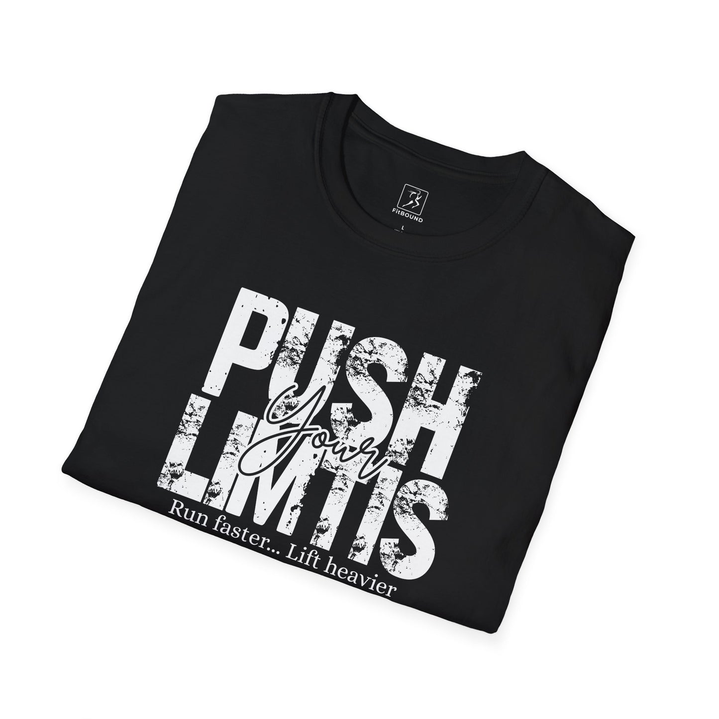 Angled black T-shirt with bold “Push Your Limits” message – high contrast gym design from FitBOUND