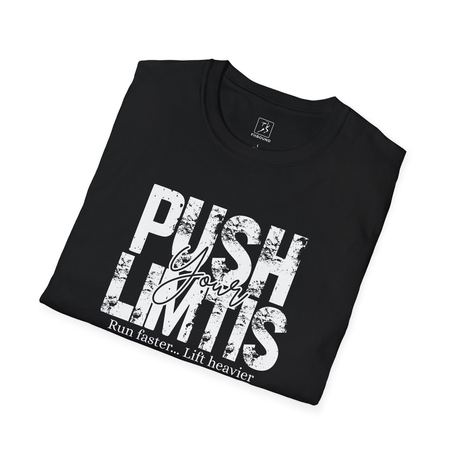 Angled black T-shirt with bold “Push Your Limits” message – high contrast gym design from FitBOUND