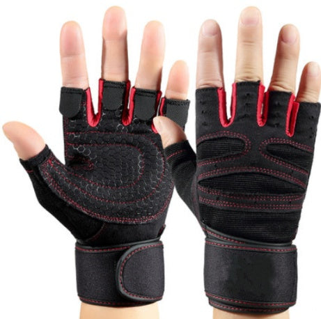 Half finger training gloves with wrist straps – breathable mesh and palm padding for gym workouts