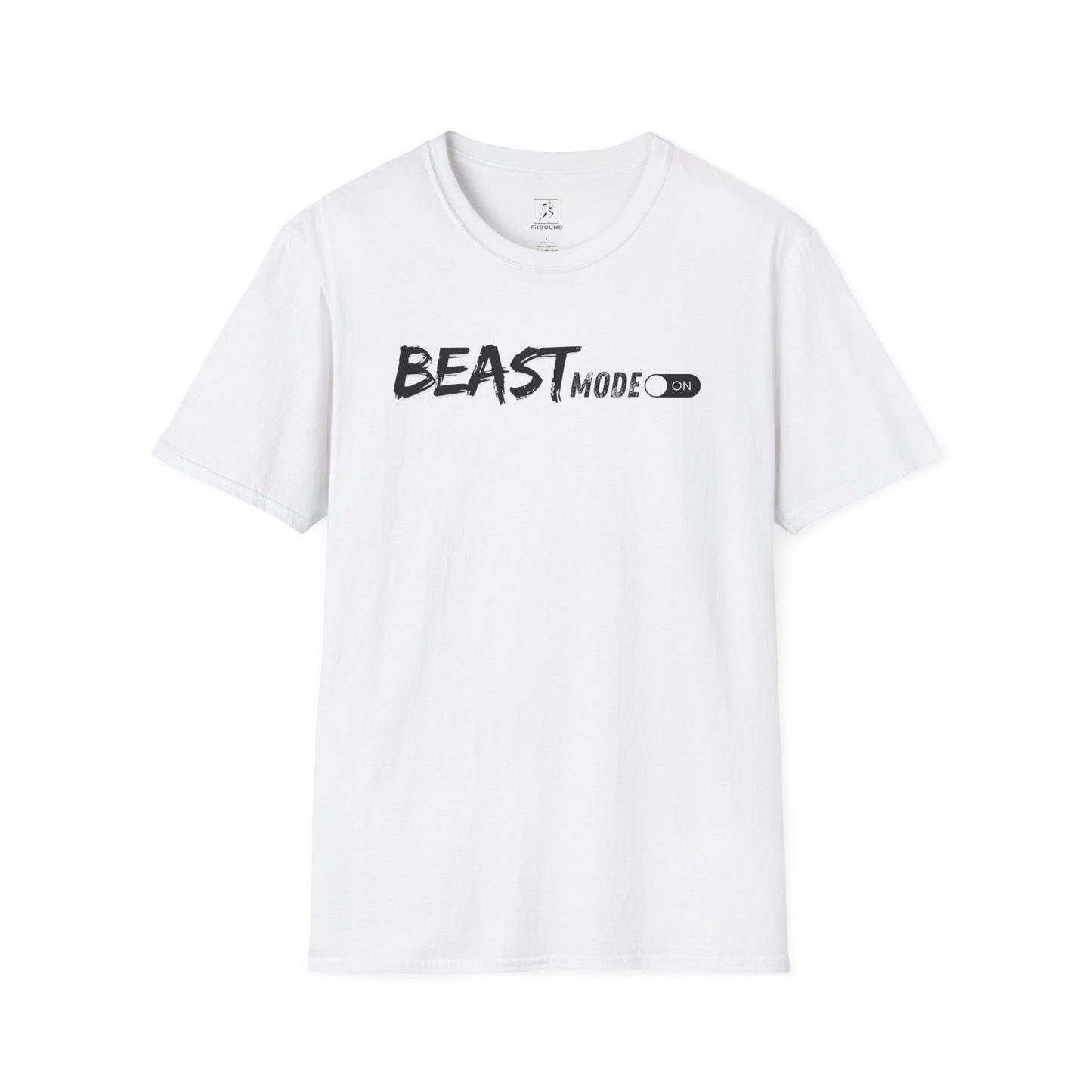White gym shirt with bold "Beast Mode" text – unisex style for training and cardio