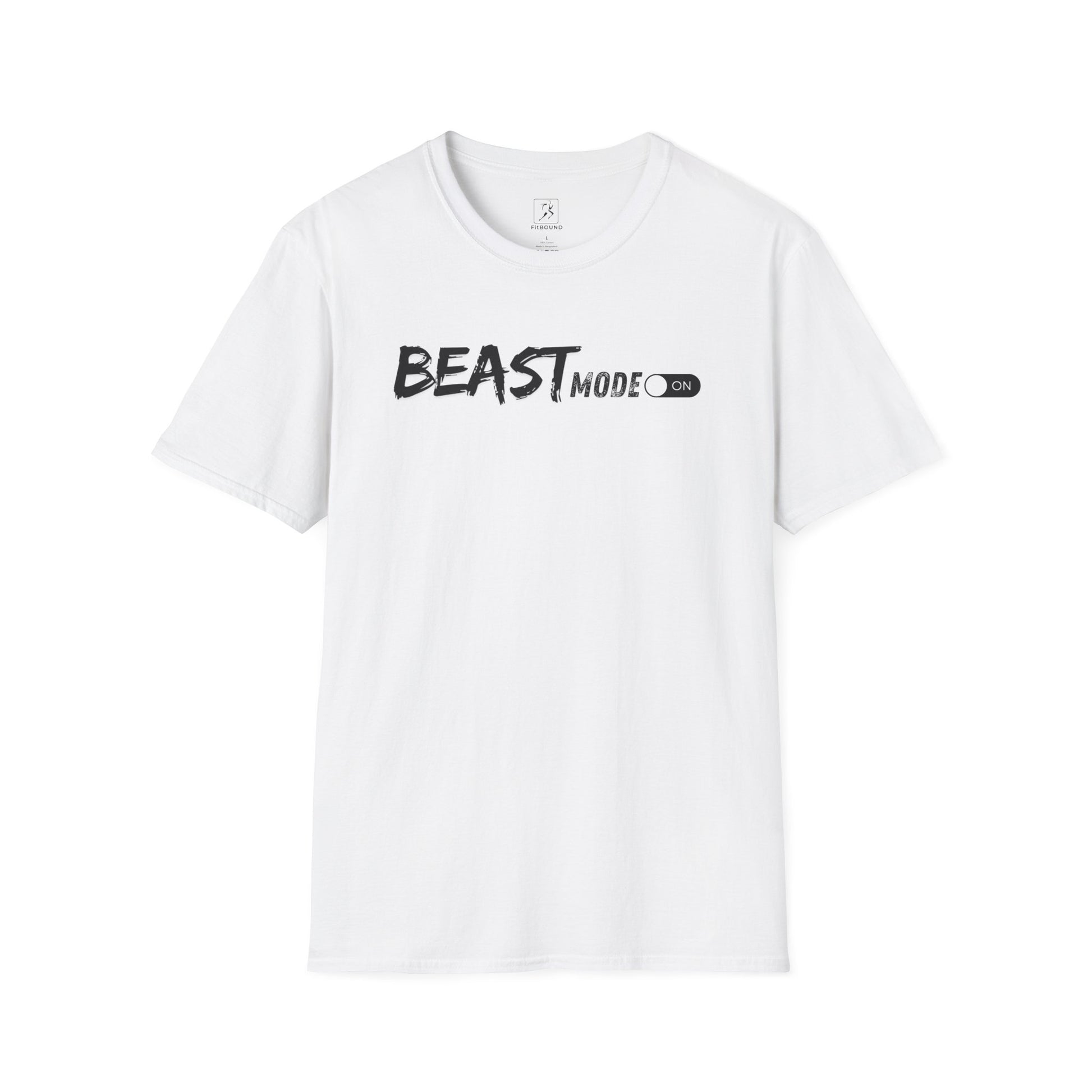 White gym shirt with bold "Beast Mode" text – unisex style for training and cardio