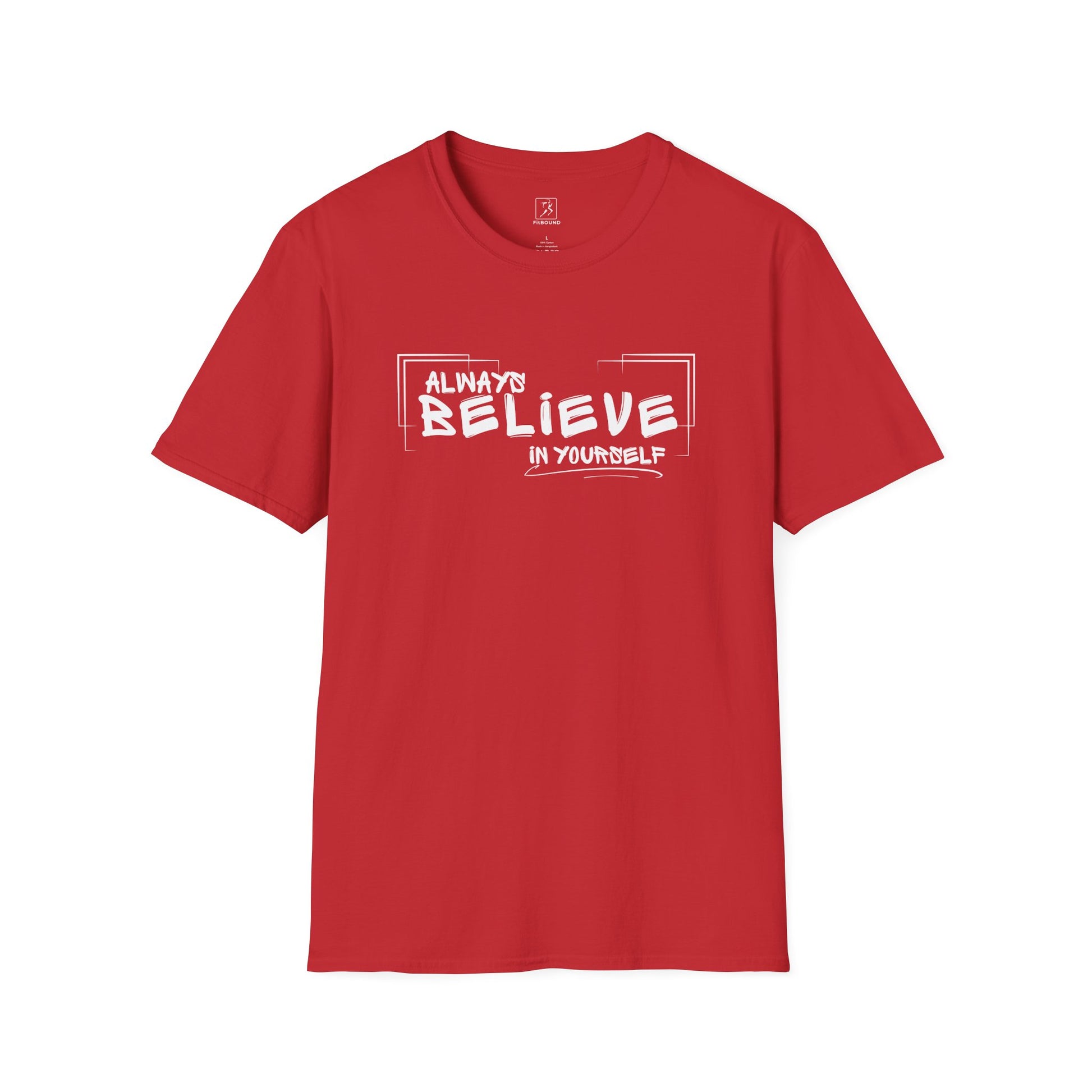 Red “Always Believe In Yourself” T-shirt – flat lay, front view