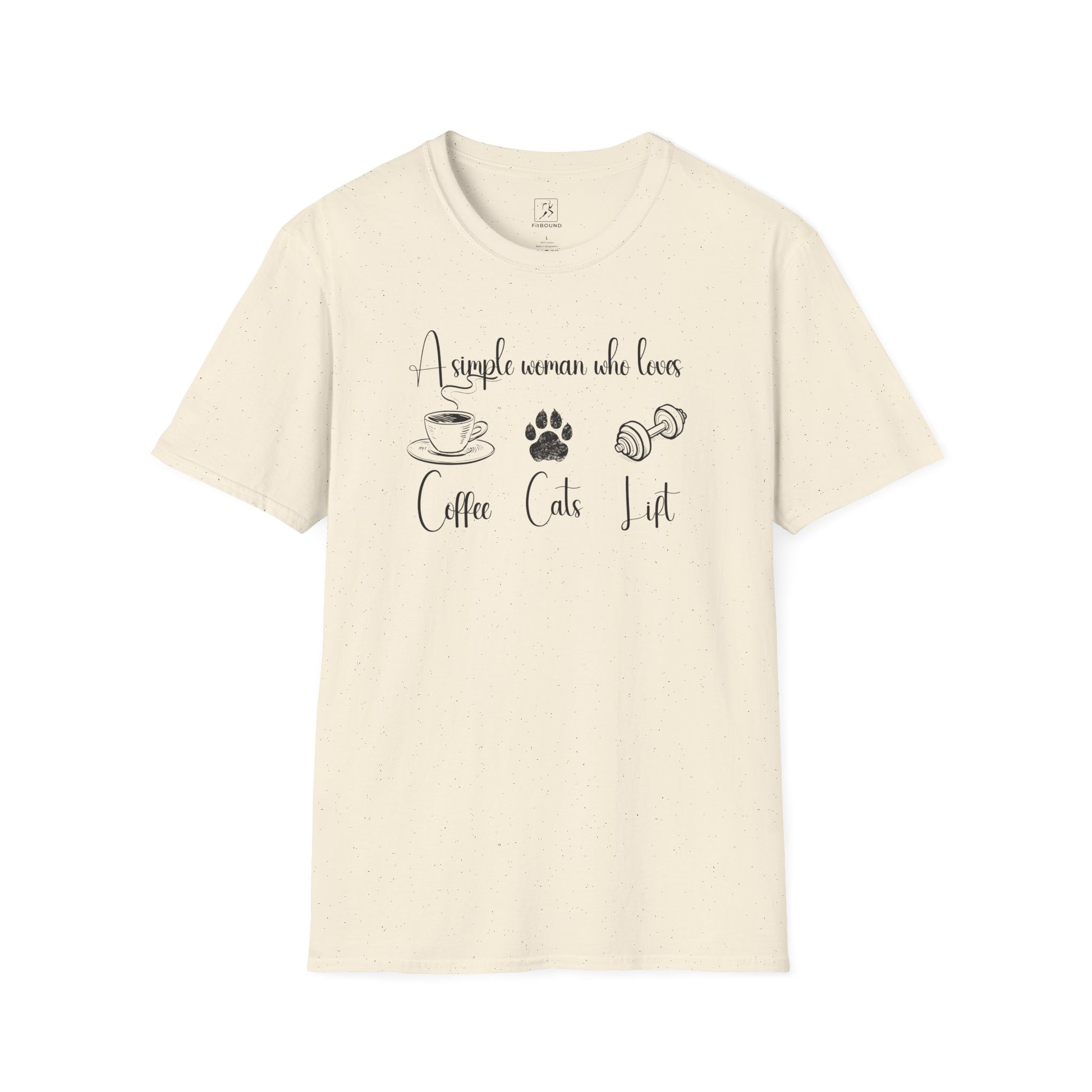 Sand-colored T-shirt with black design for coffee, cats, and lifting lovers – unisex cut, casual fit