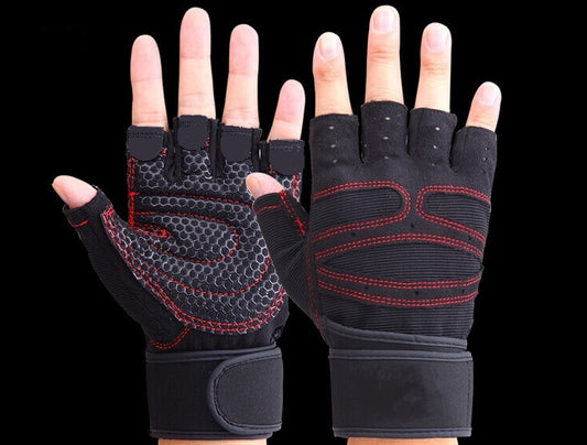 Black and red half finger workout gloves on both hands – breathable design with anti-slip palm padding