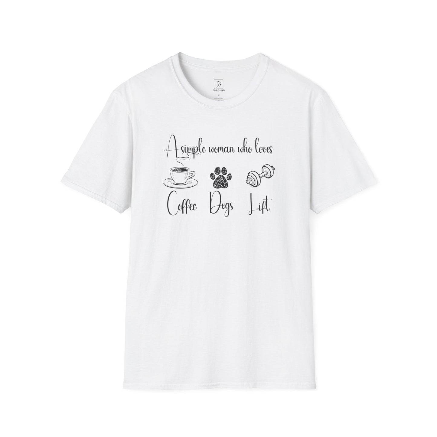 White unisex t-shirt with icons of a coffee cup, paw print, and dumbbell – funny gym and dog lover design