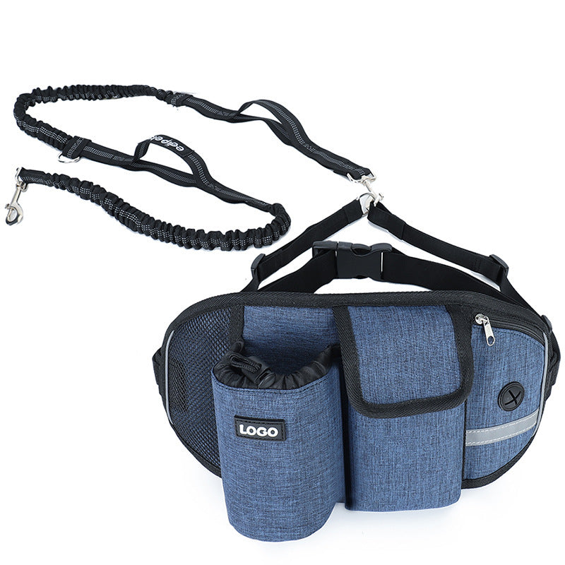 Blue hands-free dog leash pouch – front view with zipper pockets and leash clip