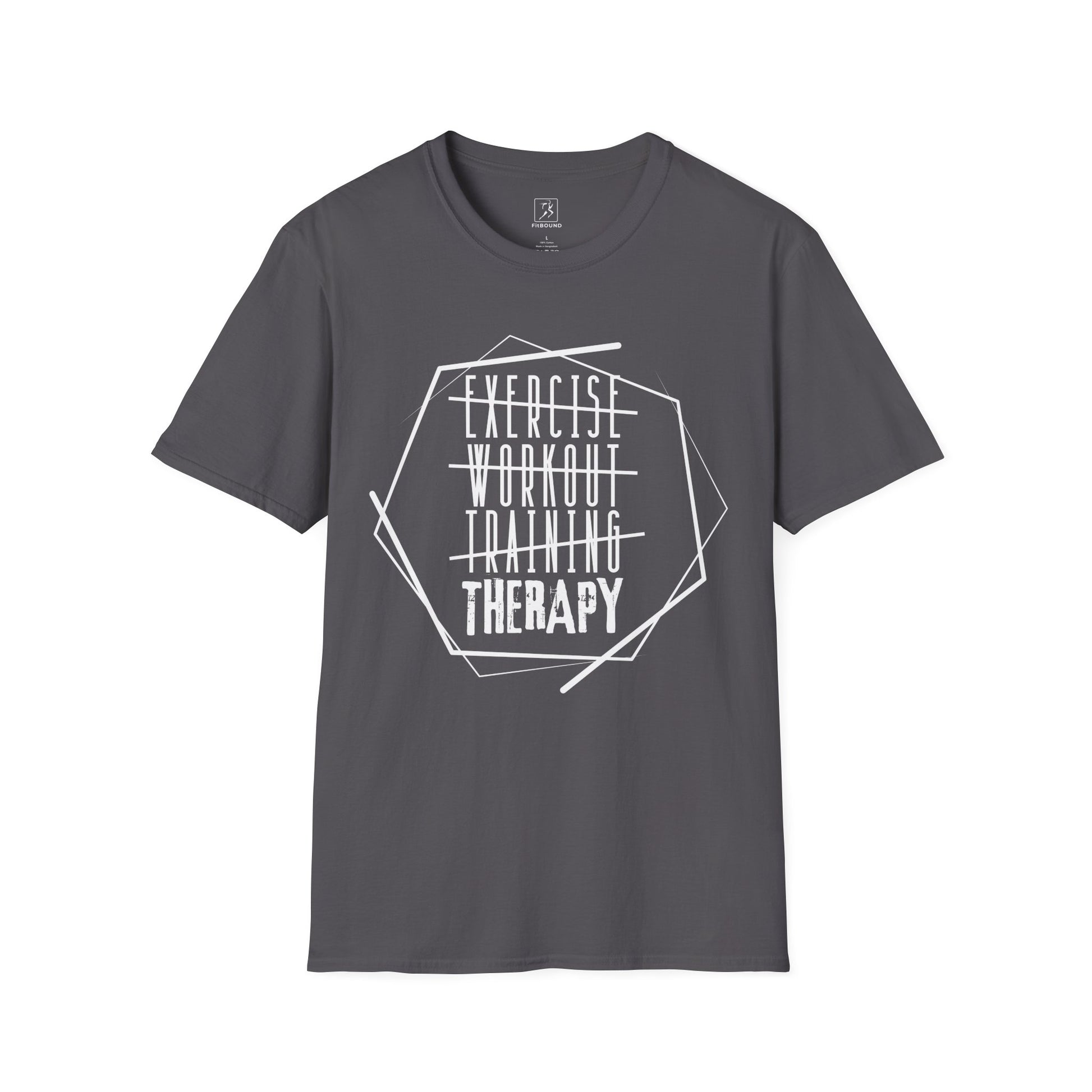Charcoal grey “Exercise Therapy” shirt – softstyle cotton gym shirt for balance and strength