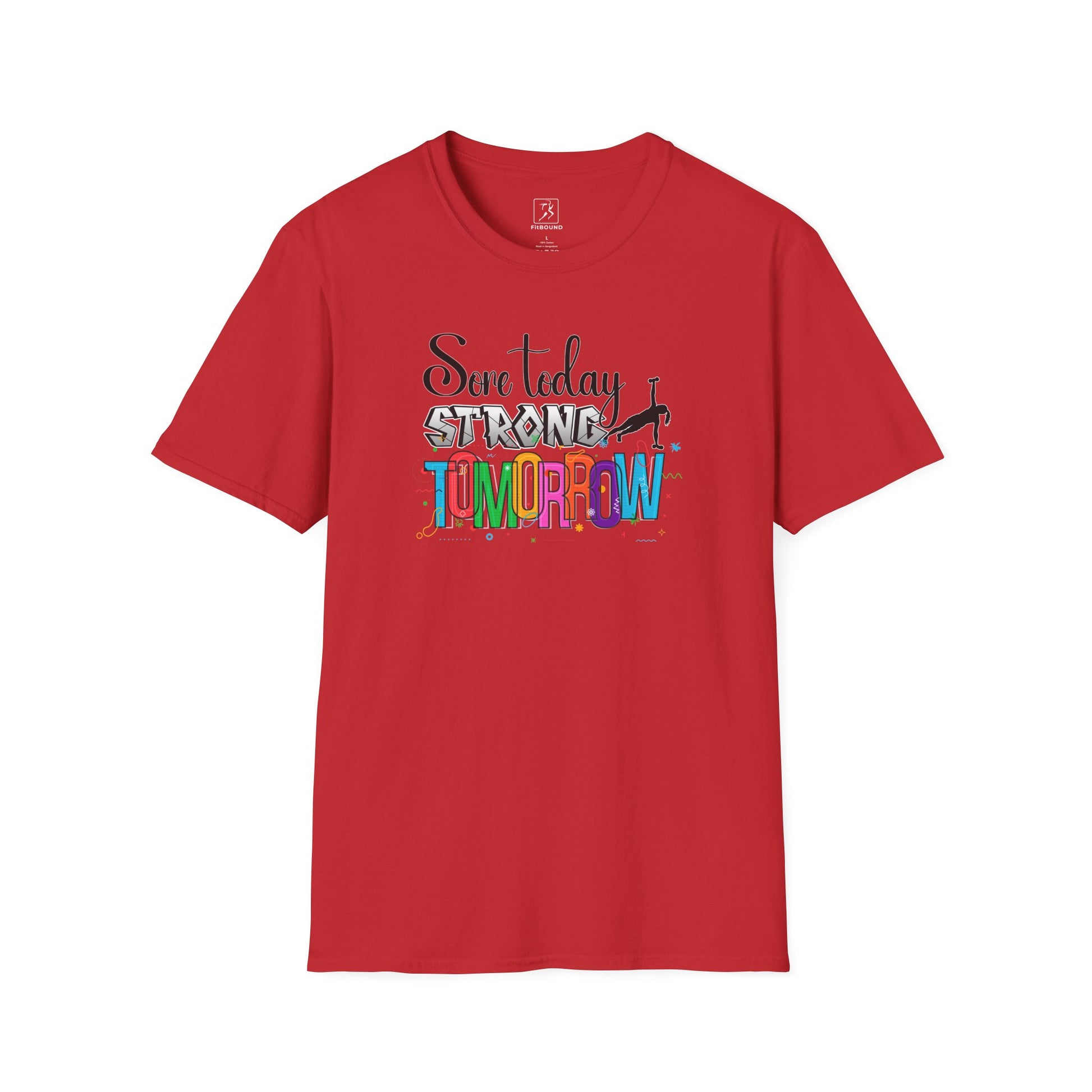Red motivational workout tee for women with "Sore Today Strong Tomorrow" message – bold and empowering
