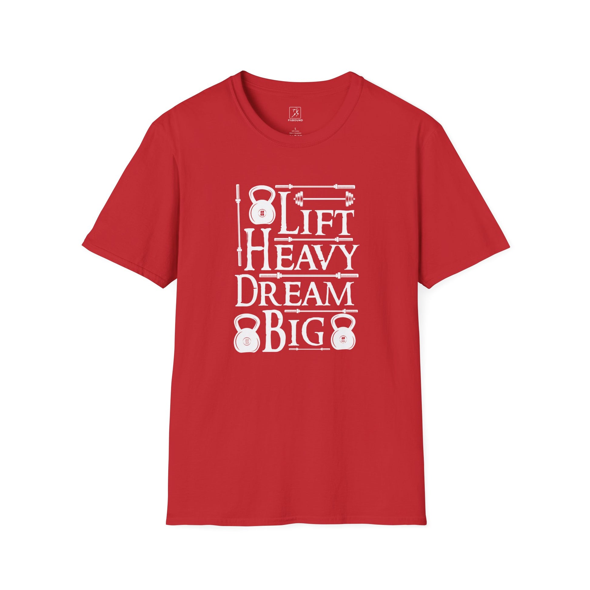 Flat lay red Lift Heavy Dream Big strength training shirt.
