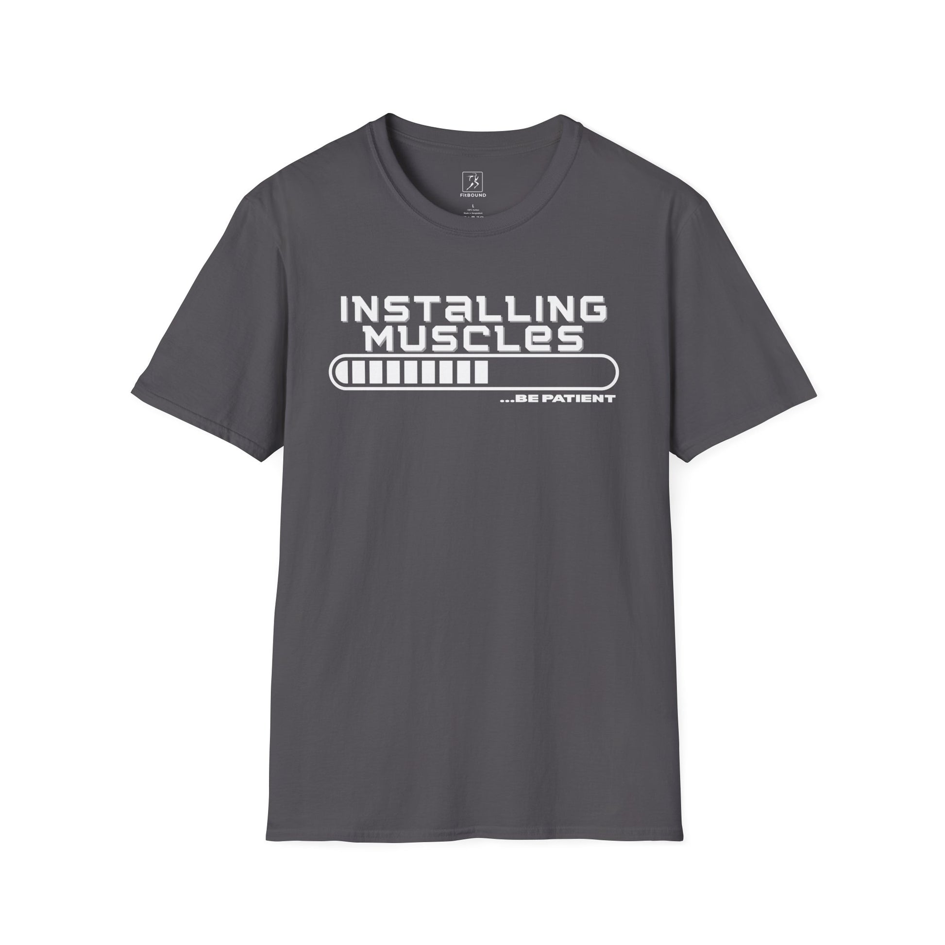 Dark gray gym t-shirt with tech-inspired muscles design – perfect for lifters and cardio fans