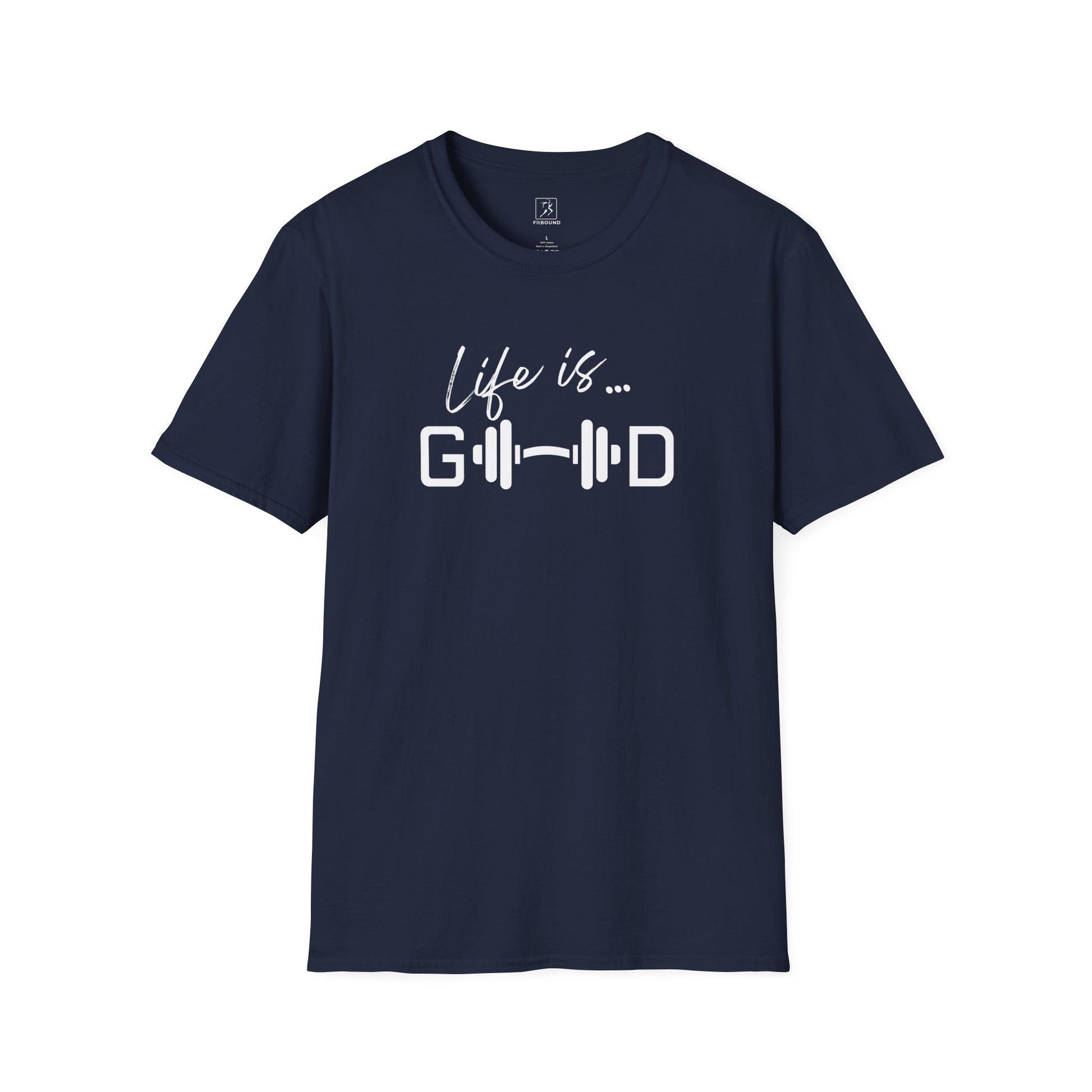 Navy blue workout t-shirt with barbell “Life is Good” design.