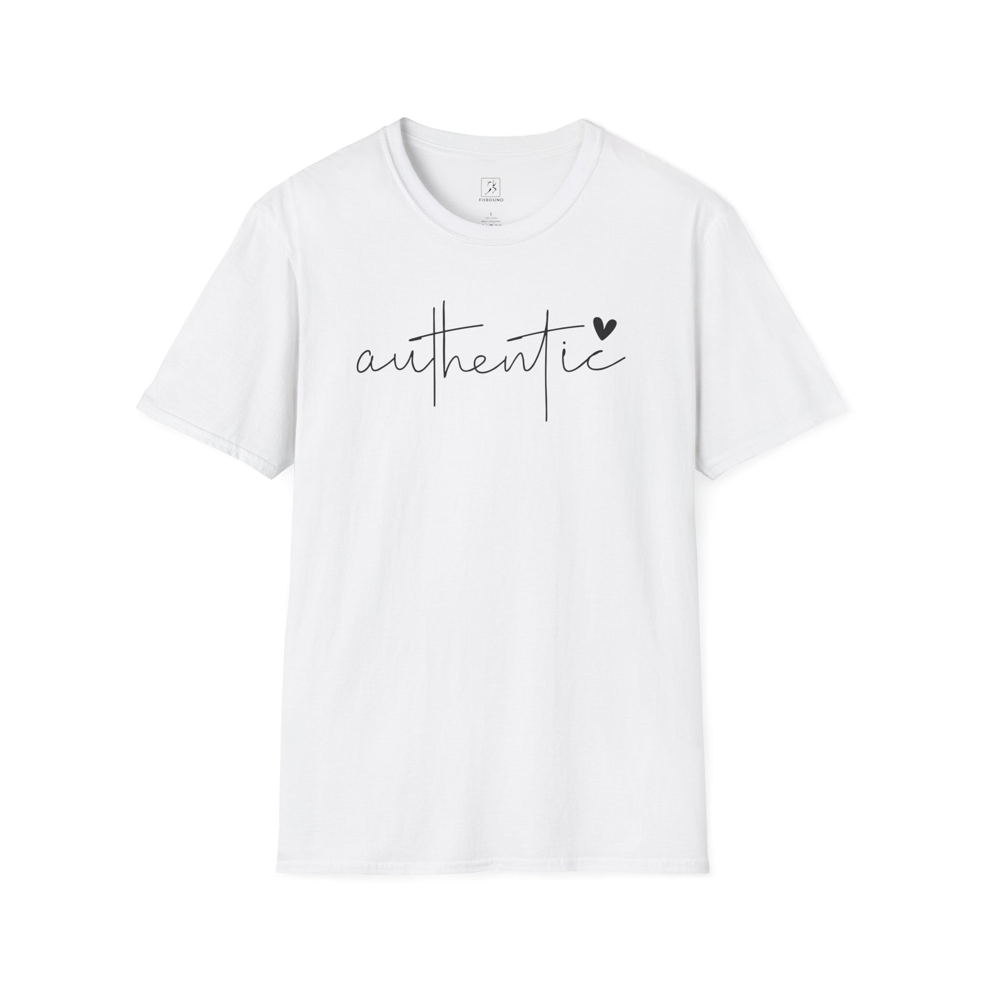 White Authentic T-Shirt with handwritten design and heart detail – everyday inspirational tee