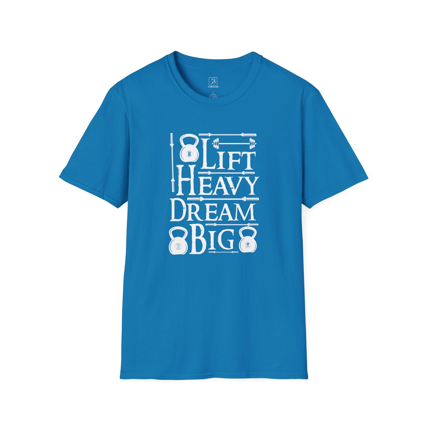 Flat lay royal blue Lift Heavy Dream Big fitness t-shirt.