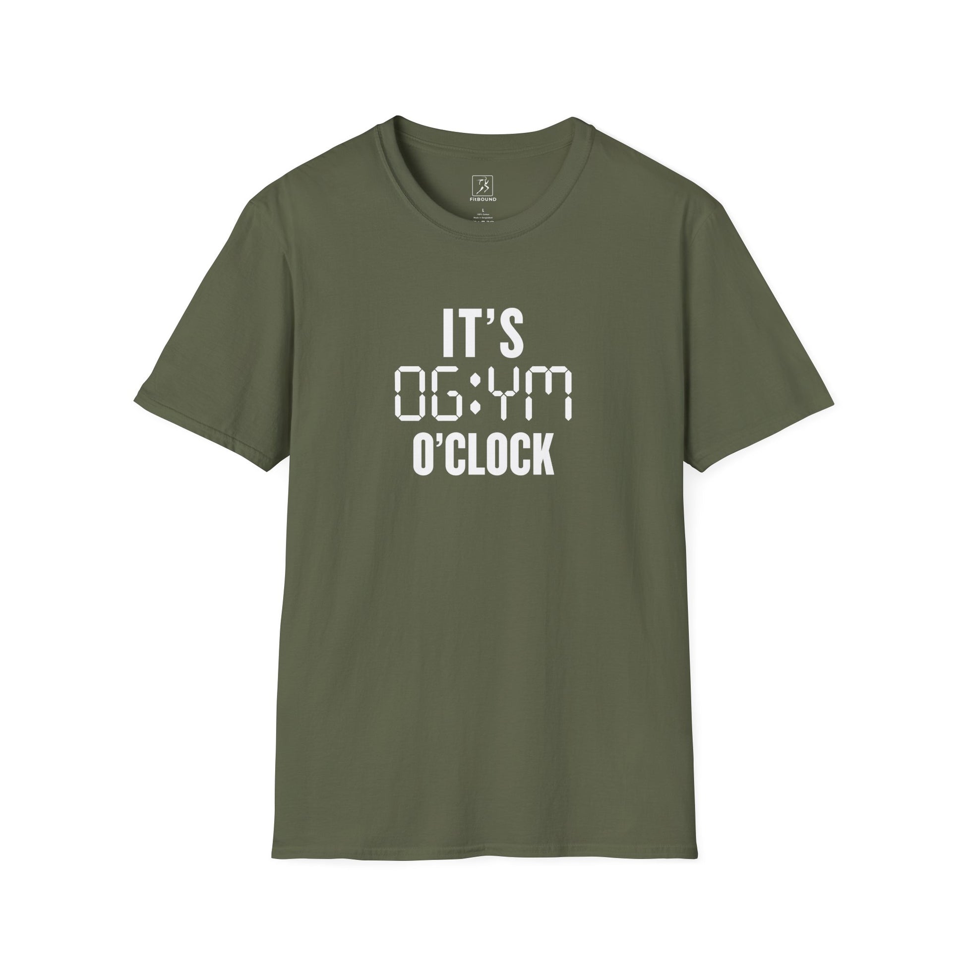 Military green “It’s Gym O’Clock” t-shirt – unisex fitness tee