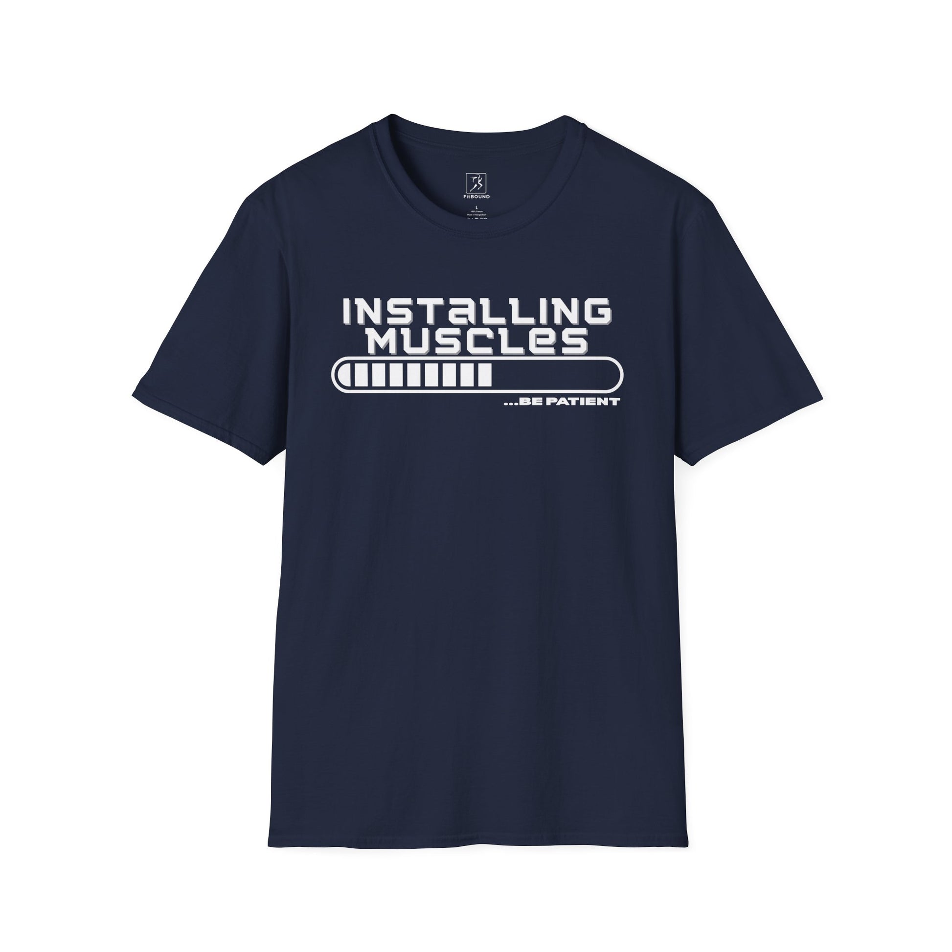 Navy blue training shirt with progress bar design – fun workout tee for fitness lovers