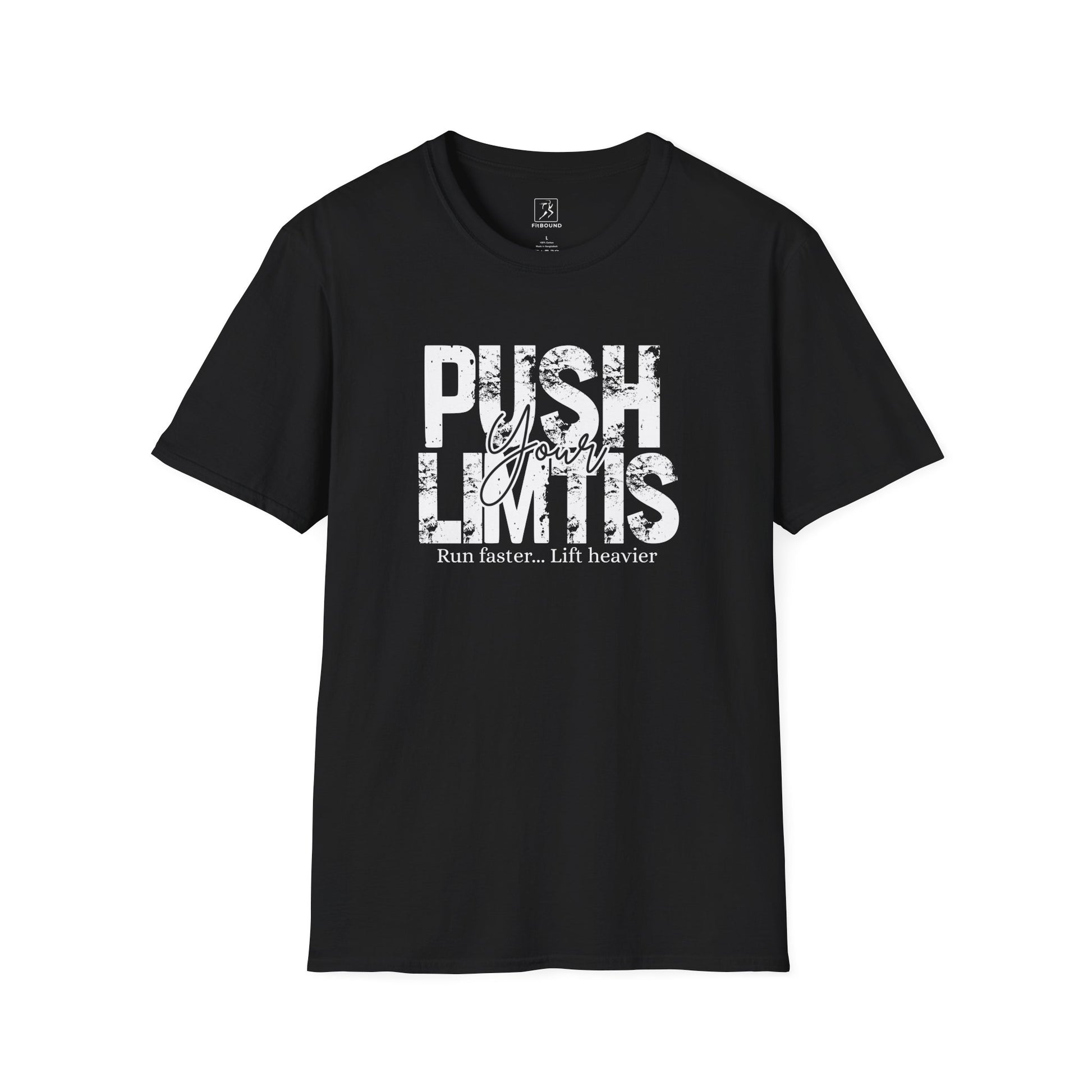 Flat lay of black FitBOUND T-shirt with “Push Your Limits” message – bold design for fitness lovers