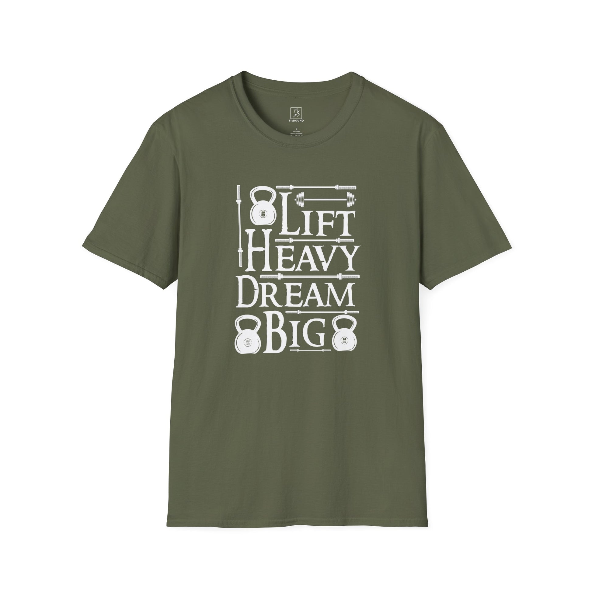 Flat lay green Lift Heavy Dream Big motivational workout shirt.