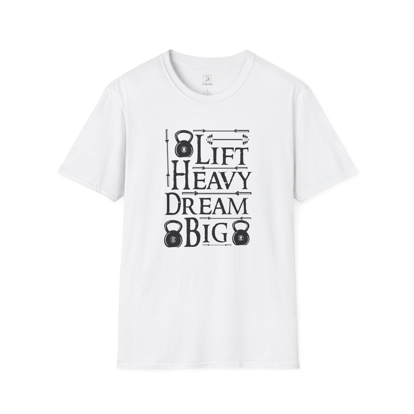 Flat lay white Lift Heavy Dream Big shirt with kettlebell design.