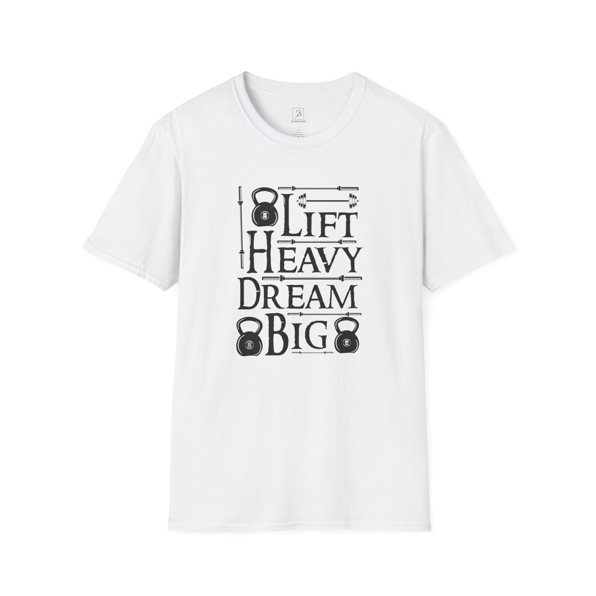Flat lay white Lift Heavy Dream Big shirt with kettlebell design.