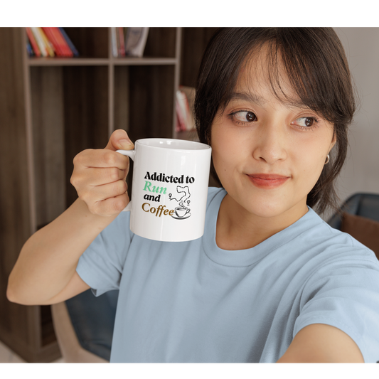 Smiling woman holding a white mug with "Addicted to Run and Coffee" design – fun gift idea for runners and caffeine fans