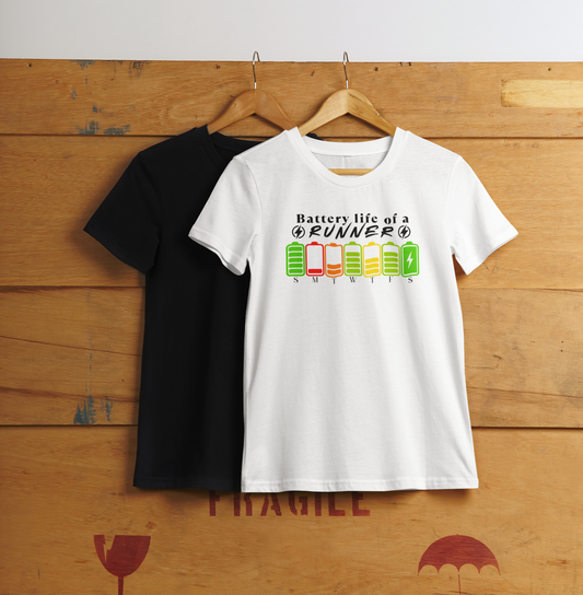 White t-shirt with colorful battery design and "Battery Life of a Runner" text – funny fitness tee for runners
