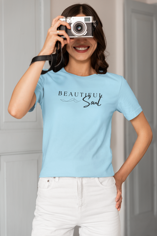 Model wearing Beautiful Soul T-Shirt – relaxed casual outfit in blue