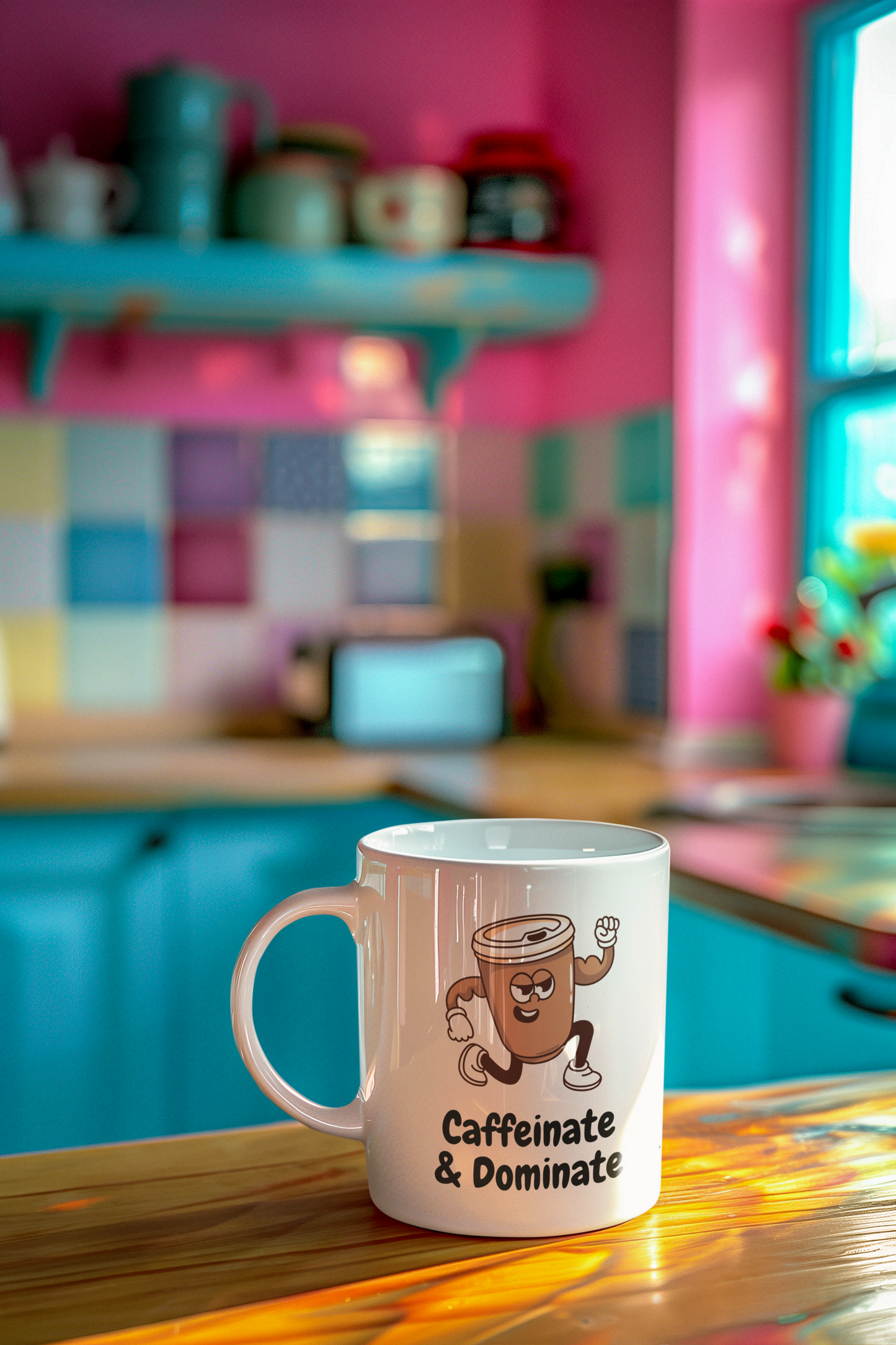 Motivational mug on colorful kitchen counter with strong coffee cup illustration