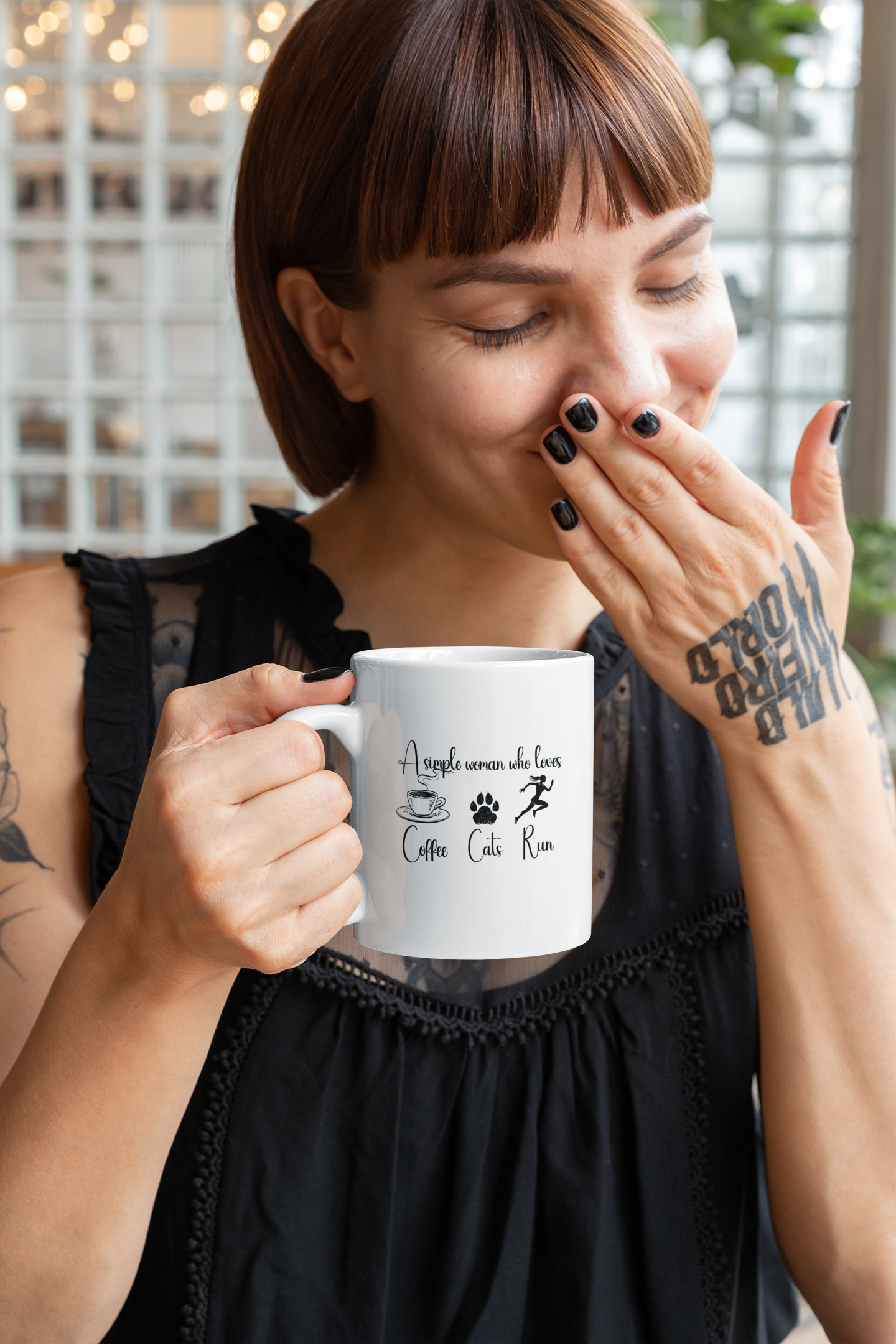 Woman enjoying coffee with cat and runner themed mug – 11oz gift cup