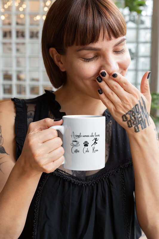 Woman enjoying coffee with cat and runner themed mug – 11oz gift cup